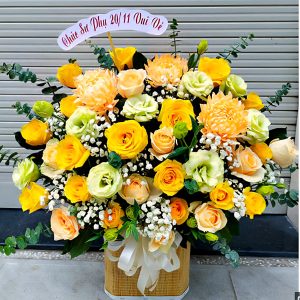 Lẵng Hoa Hồng Vàng Cam Cúc Mẫu Đơn – Sang Trọng, Tươi Tắn, Tặng Ngày Nhà Giáo 20/11