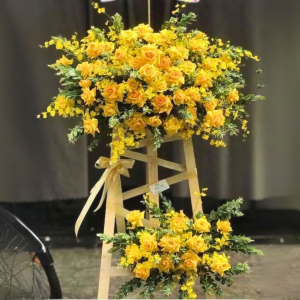 Kệ hoa khai trương song tầng tone vàng rực rỡ